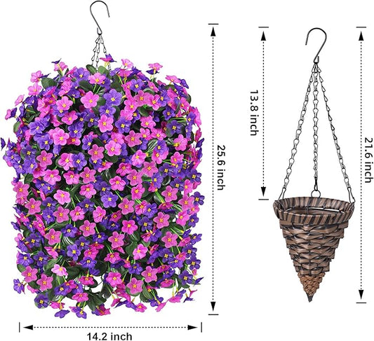 Artificial Faux Fall Hanging Flowers Plants Baskets for Outdoor Outside, Fake Silk Dark Purple Fuchsia Daisy Mums Trailing Vines in Planter Realistic UV Resistant for Balcony Porch Decor