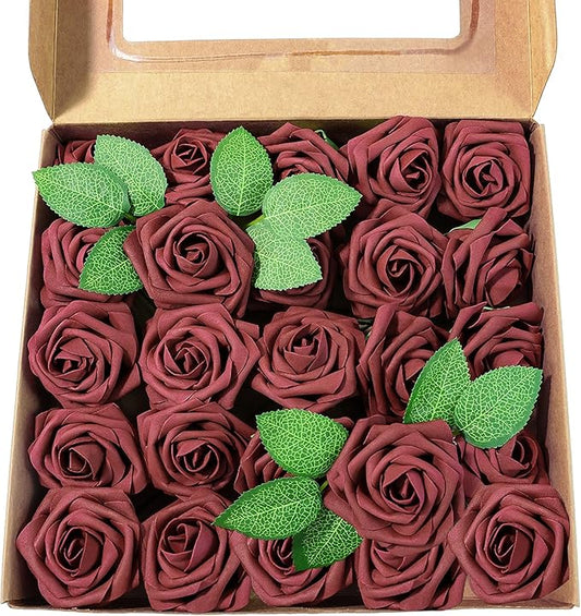 Meldel Artificial Flower 25pcs Real Touch Burgundy Rose Fake Foam Roses with Stems for DIY Wedding Bouquets Gifts Bridal Shower Faux Floral Centerpieces Arrangements Home Party Tables Decorations