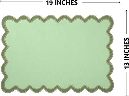 Folkulture Christmas Placemats – Set of 4 (13 x 19 Inches) | 100% Cotton Scalloped Sage Green Placemats | Heat Resistant Table Mats for Christmas Decorations and Xmas Dining Table Décor