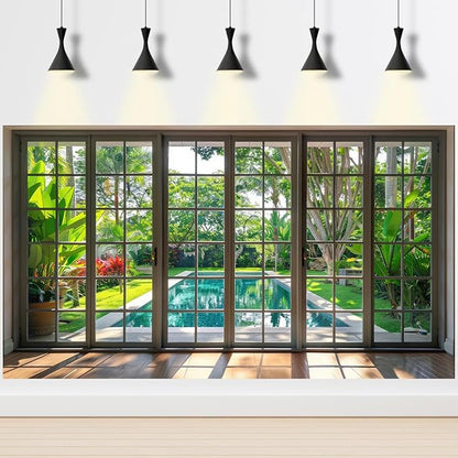Window Scenery Photography Backdrop Windowsill Backyard with Pool and Garden Background Tropical Plants Photocall Background Party Banner Wall Decor Baby Kids Family Photo Shoot Props 15x10ft