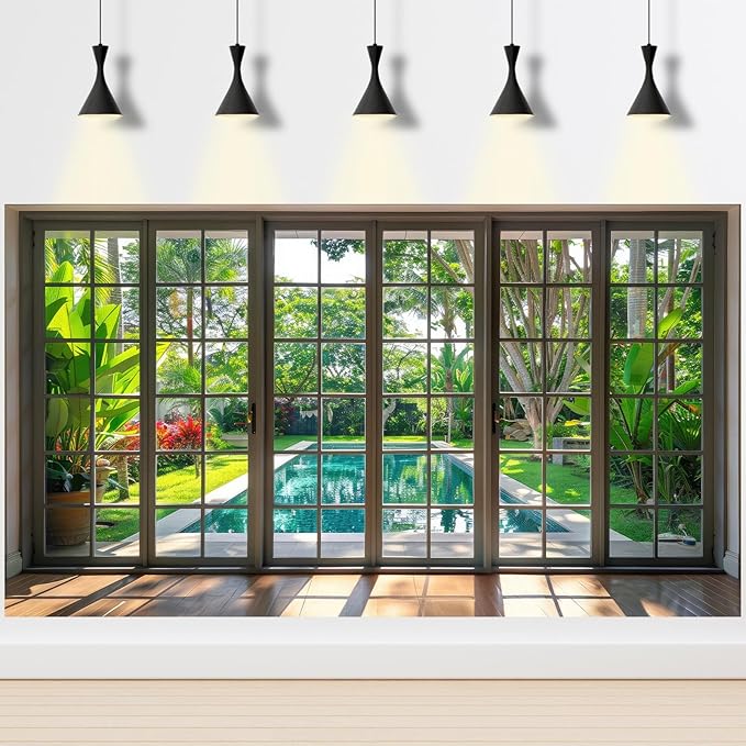 Window Scenery Photography Backdrop Windowsill Backyard with Pool and Garden Background Tropical Plants Photocall Background Party Banner Wall Decor Baby Kids Family Photo Shoot Props 5x3ft