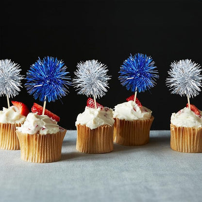 Gyufise 30Pcs Foil Firework Cupcake Toppers Sparkle Tinsel Cake Toppers Tinsel Drink Cake Decoration Cocktail Picks for Birthday Wedding Graduation Party Supplies Silver Dark Blue