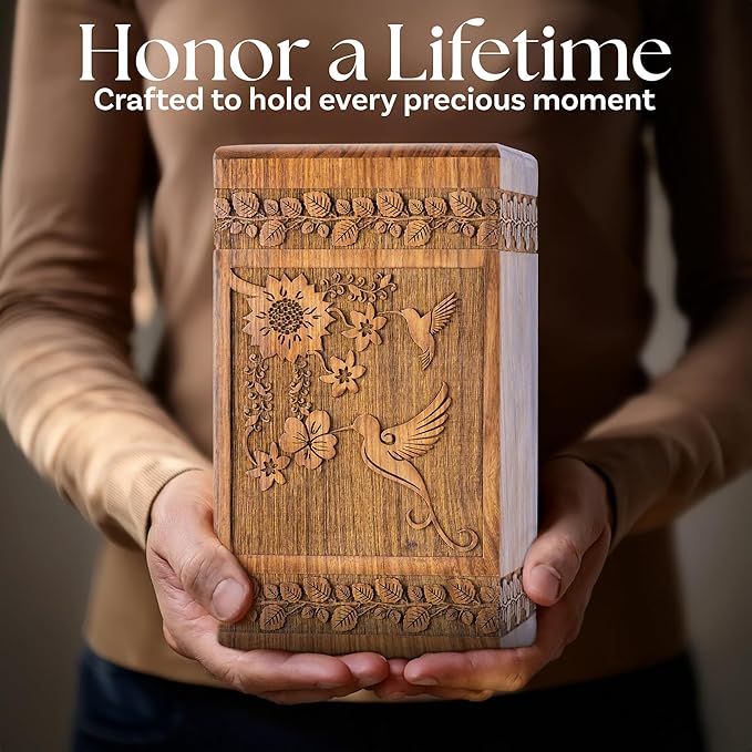 INTAJ Handcarved Rosewood Hummingbird Urn for Human Ashes Adult Male Female - Floral Carving 180 lbs Capacity - Wooden Cremation Urn Box Suitable for Burial Funeral Decorative Memorial Casket