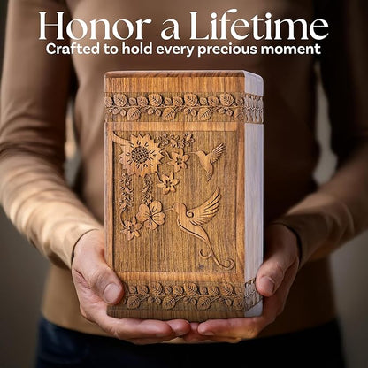 INTAJ Handcarved Rosewood Hummingbird Urn for Human Ashes Adult Male Female - Floral Carving 250 lbs Capacity - Wooden Cremation Urn Box Suitable for Burial Funeral Decorative Memorial Casket