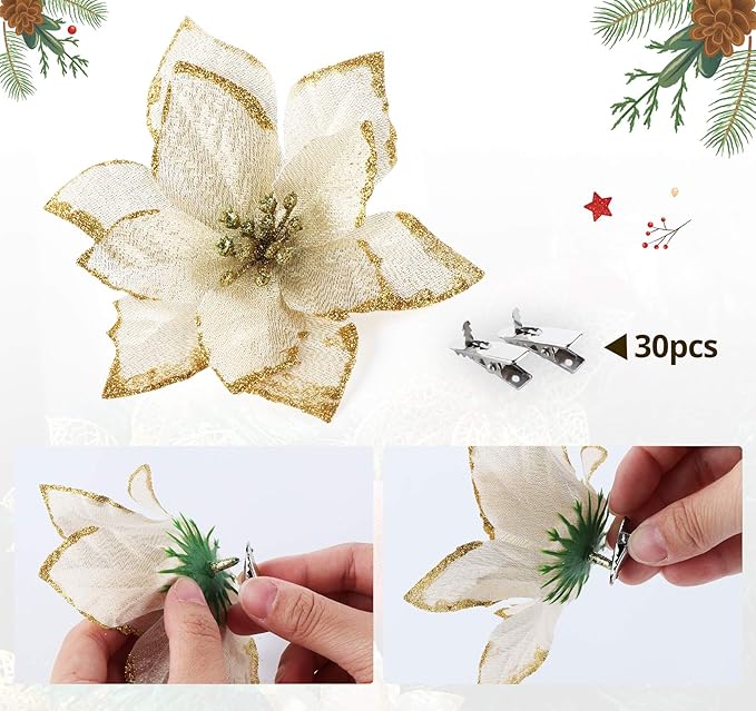 ilauke 24Pcs Gold Poinsettias Artificial Christmas Flowers, 6" Glitter Artificial Christmas Flowers with 30 Clips, for Xmas Tree Decorations Wedding Party Fireplace Stairs Decor