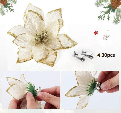 ilauke 24Pcs Gold Poinsettias Artificial Christmas Flowers, 6" Glitter Artificial Christmas Flowers with 30 Clips, for Xmas Tree Decorations Wedding Party Fireplace Stairs Decor
