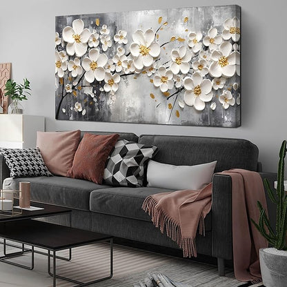 Large Pictures for Living Room - White Flower Canvas Wall Art for Bedroom - Modern Wall Decor for Office Women Size 29" x 59"