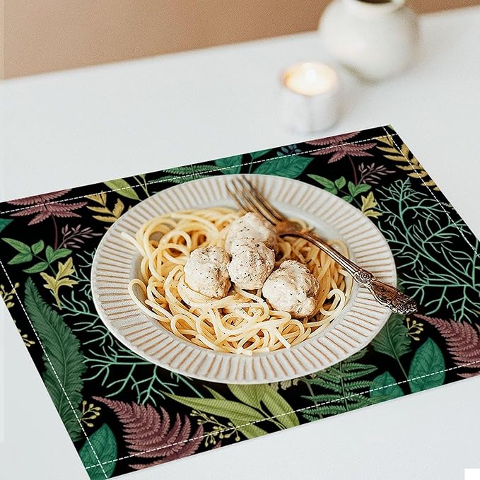 Leaf Placemats Set of 6, 17x12 Inch Vintage Natural Botanical Herbal Green Leaves Table Mats for Home Party Kitchen Dining Decor