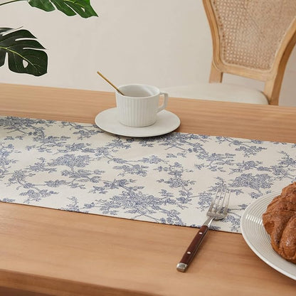 100% Cotton French Pastoral Table Runners, 13x60 Inch Blue Farmhouse Table Runners 60 Inches Long, Vintage Flowers Print Home Decors