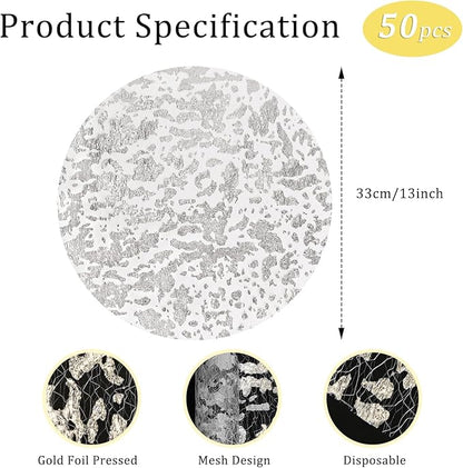 Hysenm 50 Pcs Disposable Silver Placemats Set Metallic 13 Inch Round Foil Mesh Pressed Table Doilies, Ultra-Thin Disposable Placement Mats for Home Decoration Dining Table Wedding Birthday Party