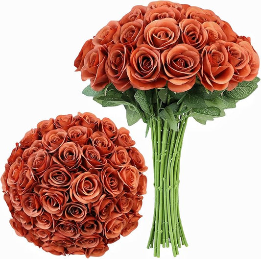 Artificial Rose 30Pcs Burnt Orange Rose Flower Artificial Flowers Flower with Long Stem Silk Roses Bouquet for Wedding Bridal Shower Party Home Decoration
