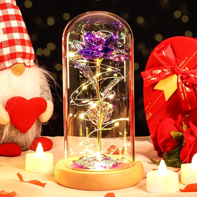 Beferr Mom Birthday Gifts for Women, Galaxy Glass Rose Forever Preserved Flowers for Delivery Prime Light Up Rose in Glass Dome Christmas Rose Gifts for Her Wife Daughter Friends, Purple