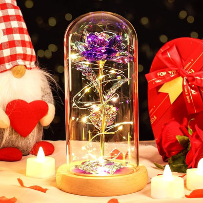 Beferr Mom Birthday Gifts for Women, Galaxy Glass Rose Forever Preserved Flowers for Delivery Prime Light Up Rose in Glass Dome Christmas Rose Gifts for Her Wife Daughter Friends, Purple