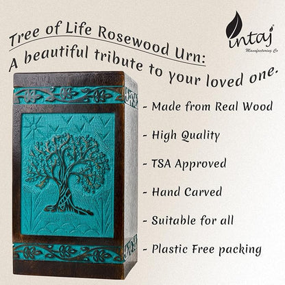INTAJ Cremation Urn for Human Ashes - Wooden Urn Box for Ashes Handcrafted - Tree of Life Memorial Urn Funeral Cremation Urns (Teal Green, XX-Large (640lbs or 290kg))