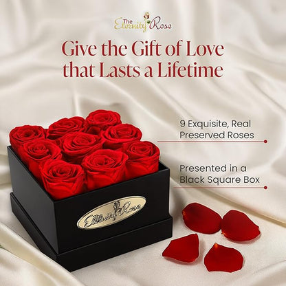 The Eternity Rose 9-Piece Preserved Roses in a Luxury Gift Box – Real Roses in Square Black Box – A Valentine’s Gift as Everlasting as Your Love