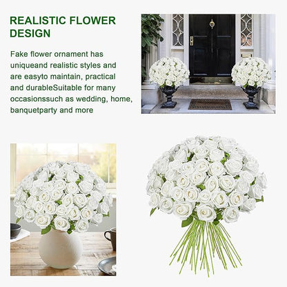 Fake Plants Roses Flowers Plastic Flowers Spring Decorations for Home Gifts for Gf Roses Artificial Flowers for Vase Fake Flowers Home Decor Fake Plant19.6“ (White 100PCS)