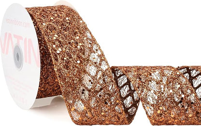 VATIN 2-1/2" Copper Christmas Ribbon, Copper Glitter Mesh Diamond Web Sequin Dots Wired Christmas Ribbon for Gift Wrapping Bow Making Wreath Supply-10 Yards
