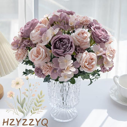 8 Pack Artificial Peony Flowers, Silk Peonies Flowers Fake Peonies Artificial Flowers Peonies Hydrangea Bouquet for Centerpiece Table Wedding Party Home Decor (8, Purple + Pink)