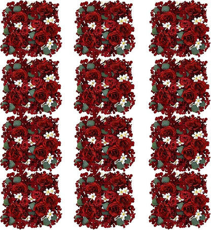 Pack of 12 Artificial Silk Flower Panels, Faux Floral Wall Background for Wedding Party Engagement Bridal Shower Arrangement Home Decorations - Burgundy