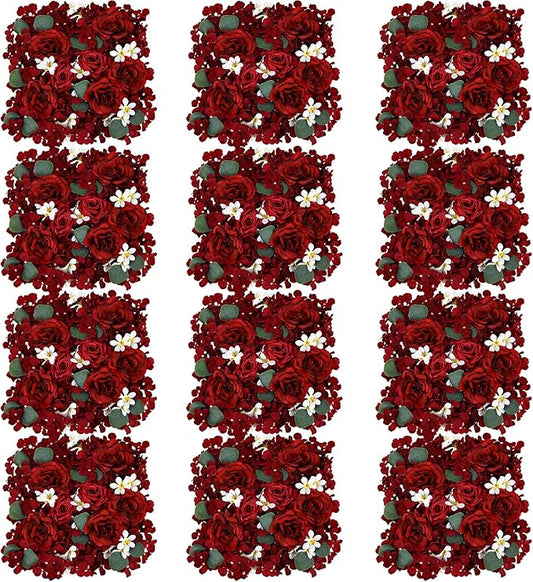 Pack of 12 Artificial Silk Flower Panels, Faux Floral Wall Background for Wedding Party Engagement Bridal Shower Arrangement Home Decorations - Burgundy