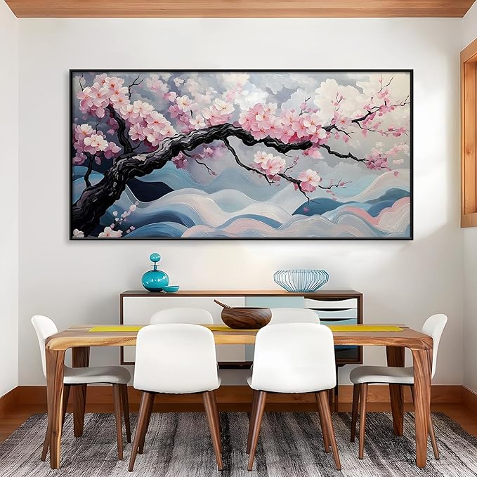 Japanese Cherry Blossom Canvas Wall Art, Sakura Tree Canvas Print, Pink Floral Pictures, Cherry Blossom Tree Wall Art, Flower Branch Decor, Nature Prints for Living Room (Black Framed, 71"x35" | 180x90cm)