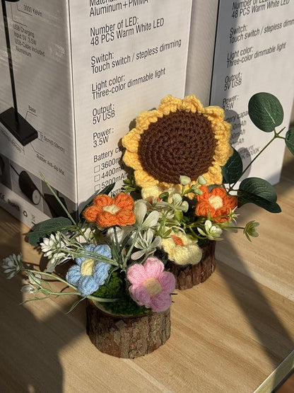 Handmade Crochet Knitted Puff Flowers Bouquet Creative Knitted Potted Plant Mini Cute Home Desktop Decorations and Gifts for Friends, Lovers, Classmates