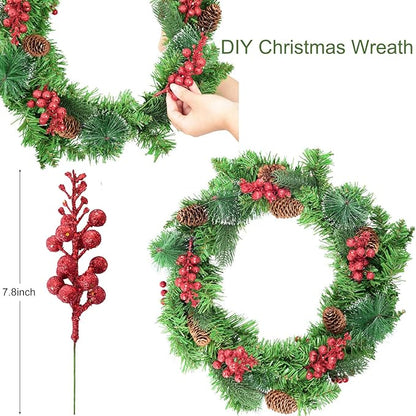 DearHouse 14 Pack Christmas Glitter Berries Stems, 7.8Inch Artificial Christmas Picks for Christmas Tree Ornaments, DIY Xmas Wreath, Crafts, Holiday and Home Decor (Red)