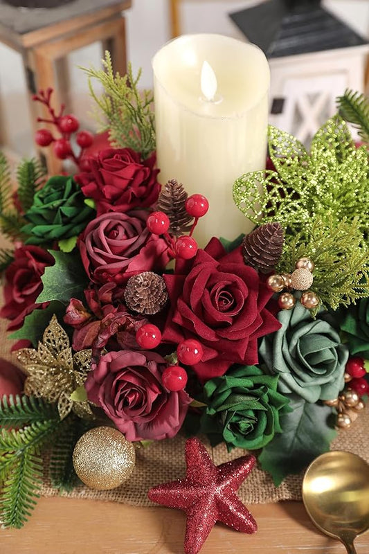 YYHUAWU Christmas Flowers Artificial,Poinsettias Artificial Christmas Flowers and Mix Silk Flowers Fake Roses Combo for DIY Wedding Bridal Bouquet, Centerpieces, Home, Floral Arrangement Decor, etc.