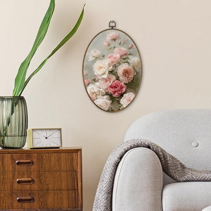SHQIEUDH Vintage Pink Rose Floral Oval Wall Art 8.6x11.4, Cottagecore Flower Framed Canvas Prints Artwork, Retro Rustic Flowers Botanical Oval Wall Hanging Decor for Living Room Home Bedroom Kitchen