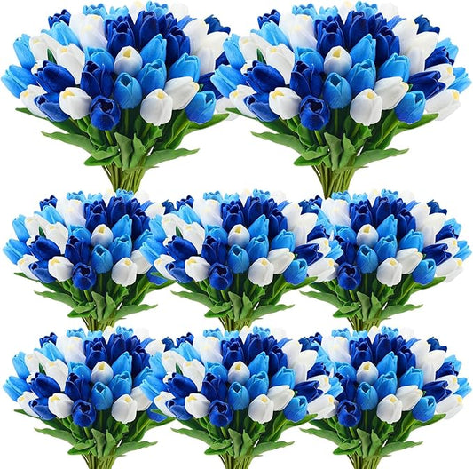 Janinka 100pcs Artificial Tulip Flowers Fake PU Tulips Faux Latex Bouquet Flower Centerpieces Arrangement Floral for Mother Day Wedding Spring Decorations (White,Light Blue,Royal Blue)