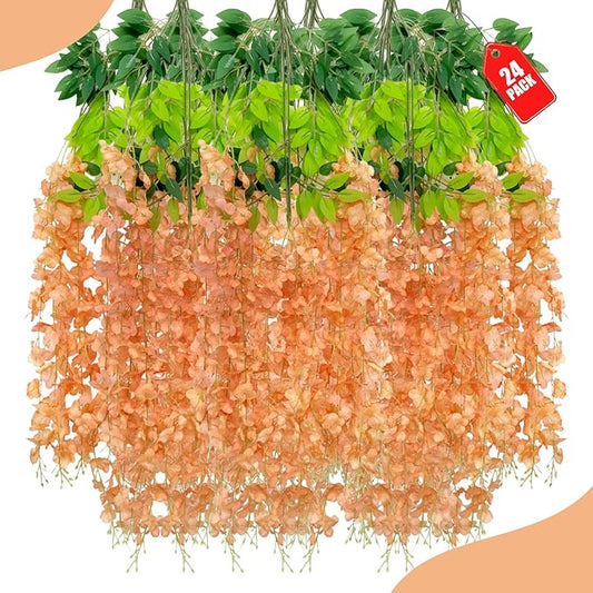 24 Pack Orange Wisteria Hanging Flowers, 3.4 Ft Fake Hanging Flowers, Artificial Wisteria Garland Vines for Wedding Room Backdrop Outdoor Patio Garden Thanksgiving Decoration
