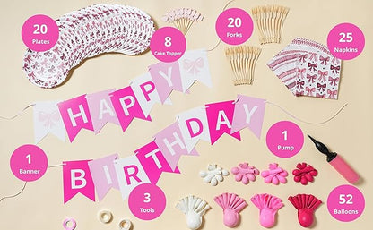 Pink Happy Birthday Decorations, Bow Coquette Birthday Decorations Includes Bow Plates, Napkins, Forks, Cupcake Toppers, Banner Balloons, and Pump Pink Decorations for Party, Serves 20