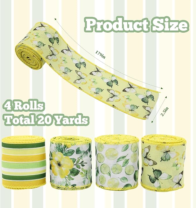 4 Rolls Floral Wired Edge Ribbon – Spring Summer Yellow Grosgrain with Butterfly, Lemon & Flower Motifs for Gift Wrapping, Wedding Decor, DIY Crafts (2.5 Inch, 5 Yards Each), Mother's Day Gift