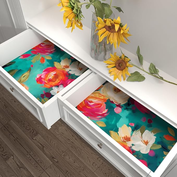 Extra Long Vibrant Wallpapers Watercolour Floral Peel and Stick Wallpaper Boho Contact Paper for Counter Cabinet Shelf Renter Friendly Oil Painting Colorful 17.5 x 393.5In
