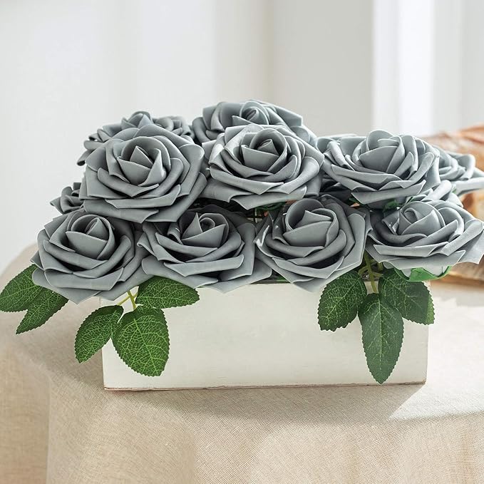 Artificial Flower Foam Rose 25pcs Real Looking Fake Rose with Stems Leaves for Home Decoration Party Garden Centerpieces DIY Wedding Bouquets（Grey）