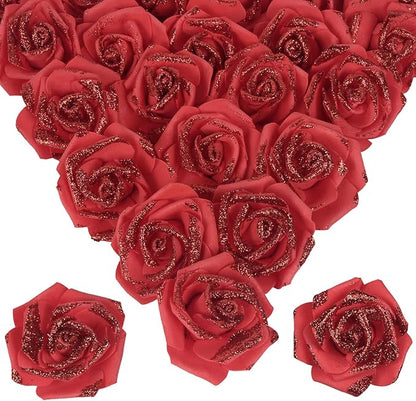 100pcs Red Glitter Roses 2.56" Artificial Red Roses Foam Glitter Flowers Fake Red Roses Faux Flowers for Bridal Shower Centerpieces DIY Wedding Flower Floral Arrangements (Red)