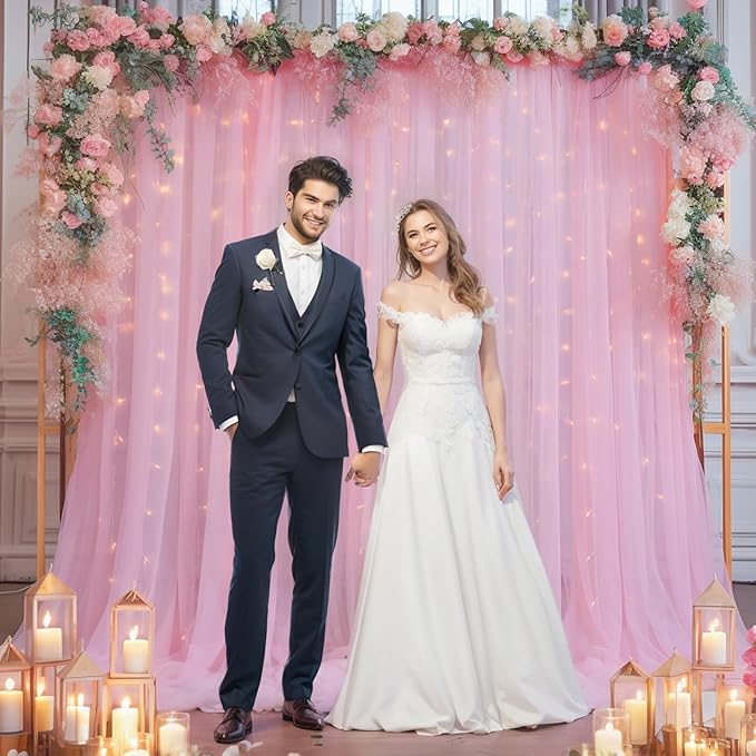 10x8ft Baby Pink Tulle Backdrop Curtain with Lights String for Parites, Sheer Backdrop Curtains for Wedding Baby Shower Birthday Party Photo Shoot Decorations