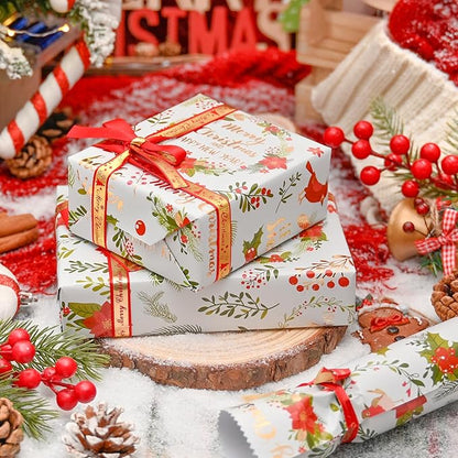 MAYPLUSS Christmas Wreath Wrapping Paper - 17Inch X 33Feet - Beautiful Holiday Wreaths, Vintage Holly Berry & Red Flower Festive Christmas Design Holiday Gift Wrap Paper for Winter Birthday, Wedding
