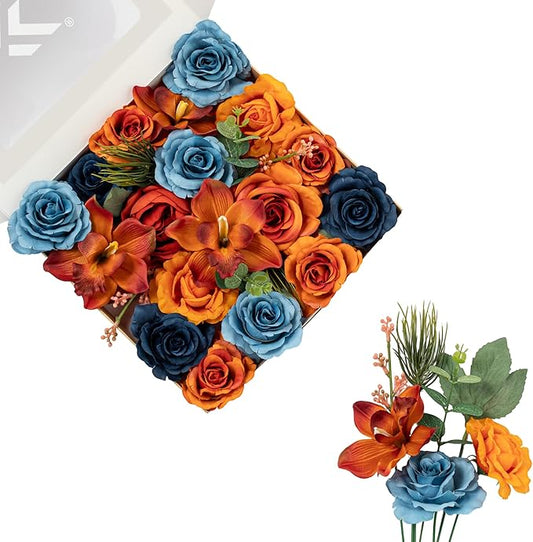 FANKO Artificial Flowers Gradient Orange Rose: Mixed Fake Silk Flowers Combo Dusty & Navy Blue Rose Orchid Vintage Assorted Blooms for DIY Wedding Bridal Bouquets/Centerpieces/Home Decor