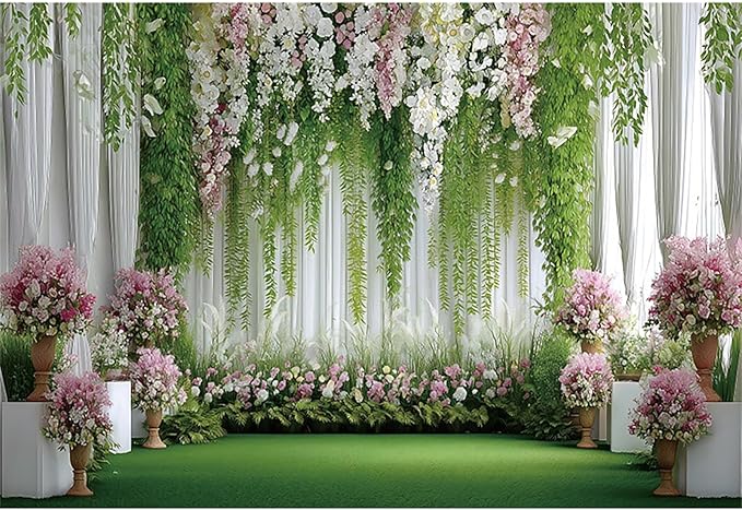 Baocicco Flowers Wedding Backdrops 9x6ft Green White Pink Floral Engagement Background Bridal Shower Backdrop Proposal Wedding Party Decoration Backdrop Valentines Day Banner Supplies