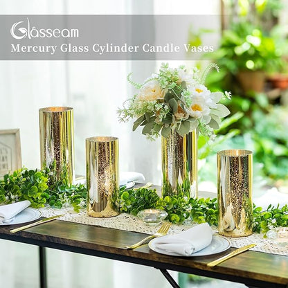 Glasseam Gold Cylinder Vases for Centerpieces: 24 Modern Mercury Hurricane Glass Vase Set for Flowers - Decorative Golden Pillar Candle Holders for Wedding Party Dining Room Table Decor