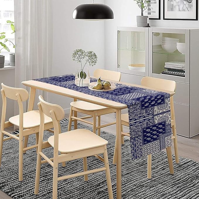 Boho Patchwork Table Runner, Blue White Bohemian Paisley Floral Vintage Farmhouse Table Runner for Kitchen Dining Home Party Holiday, 13x36 Inch