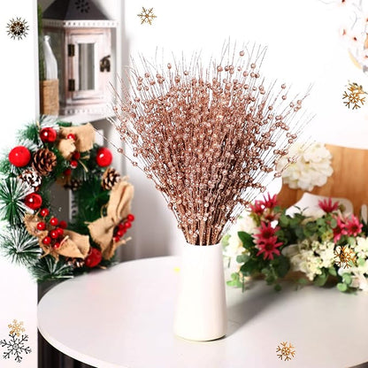 Geosar 30 Pcs Christmas Artificial Glitter Berry Stem Decorations 17 Inch Faux Stick Floral Pick Centerpiece Bouquet Flower Bead Twigs for Centerpiece Tree Wreath Xmas Ornaments Home(Rose Gold)