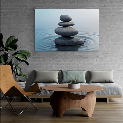 Zen wall art Harmonious grey stones stacked on a calm surface of water Serene Zen decor suitable for tranquil homes and spaces of meditation 12x18in Wood Framed