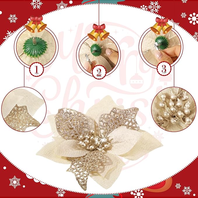 Boao 24 Pieces Christmas Artificial Glitter Poinsettia Flowers Xmas Flowers Wedding Christmas Tree New Year Ornaments(Champagne)