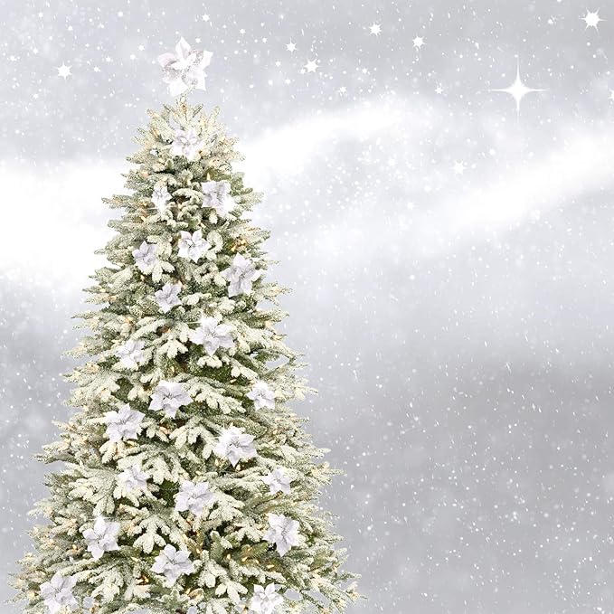 WILLBOND 36 Pieces Christmas Poinsettia Glitter Faux Flowers Christmas Artificial Flowers Tree Ornaments Topper Xmas Decorations(Silver)