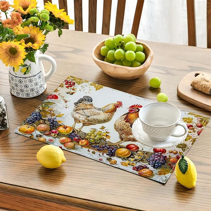 Rooster Placemats Set of 4 Farmhouse Fruits Chicken Placemats Farm Cock Chicken Country Hen Washable Place Mats for Party Kitchen Dining Decoration 4 PCS