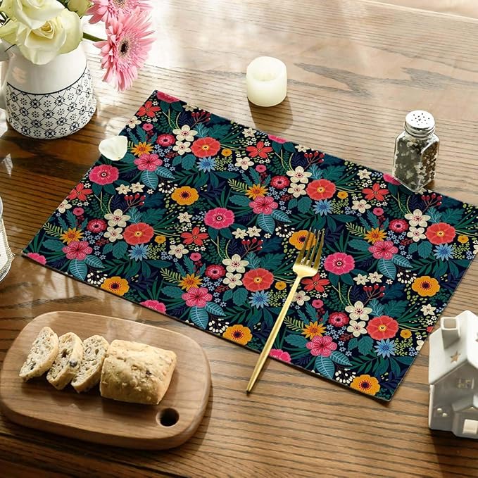 Placemats Set of 4 Colorful Flowers and Leaves Dining Place Mats Linen Table Mat for Farmhouse Home Kitchen Decor 12 X 18 Inch