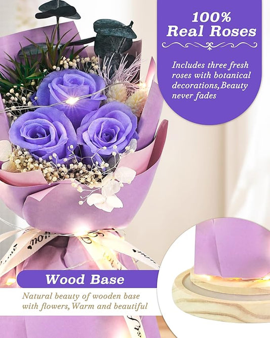 HVY Preserved Flower Bouquet Gift for Her,Forever Fresh Flowers for Delivery Prime Preserved Roses in Glass with LED Light Mothers Day Birthday Gifts for Mom,Wife,Grandma, Purple Rose