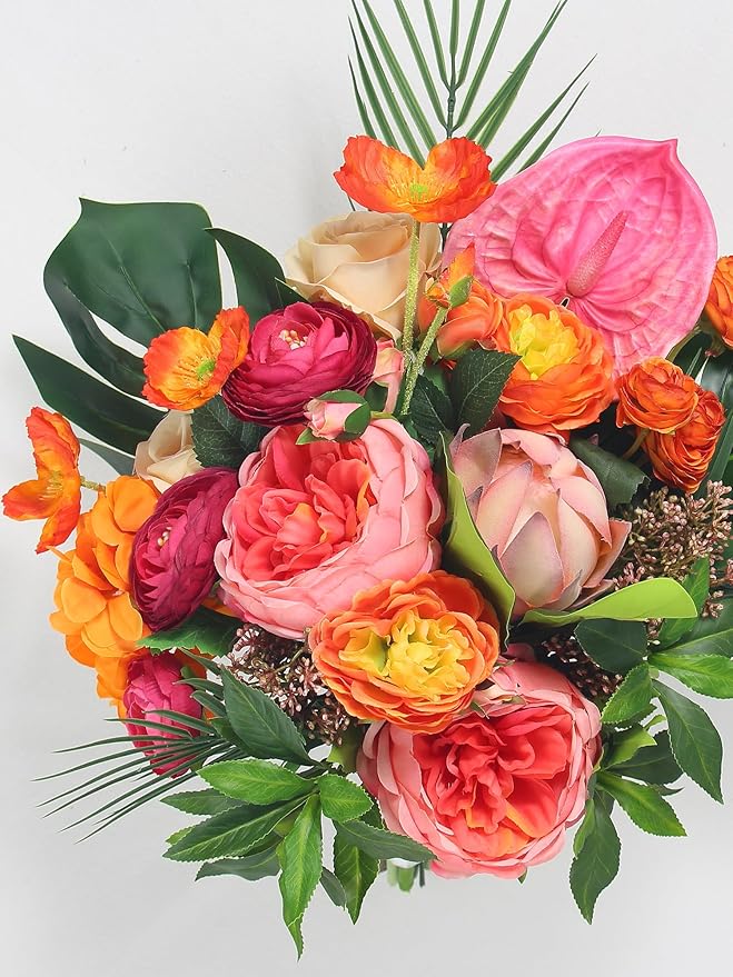 Rinlong 14.5" Wide Tropical Wedding Bouquets for Bride Orange Hot Pink Bridal Bouquet for Wedding Artificial Flowers Bouquets Beach Wedd